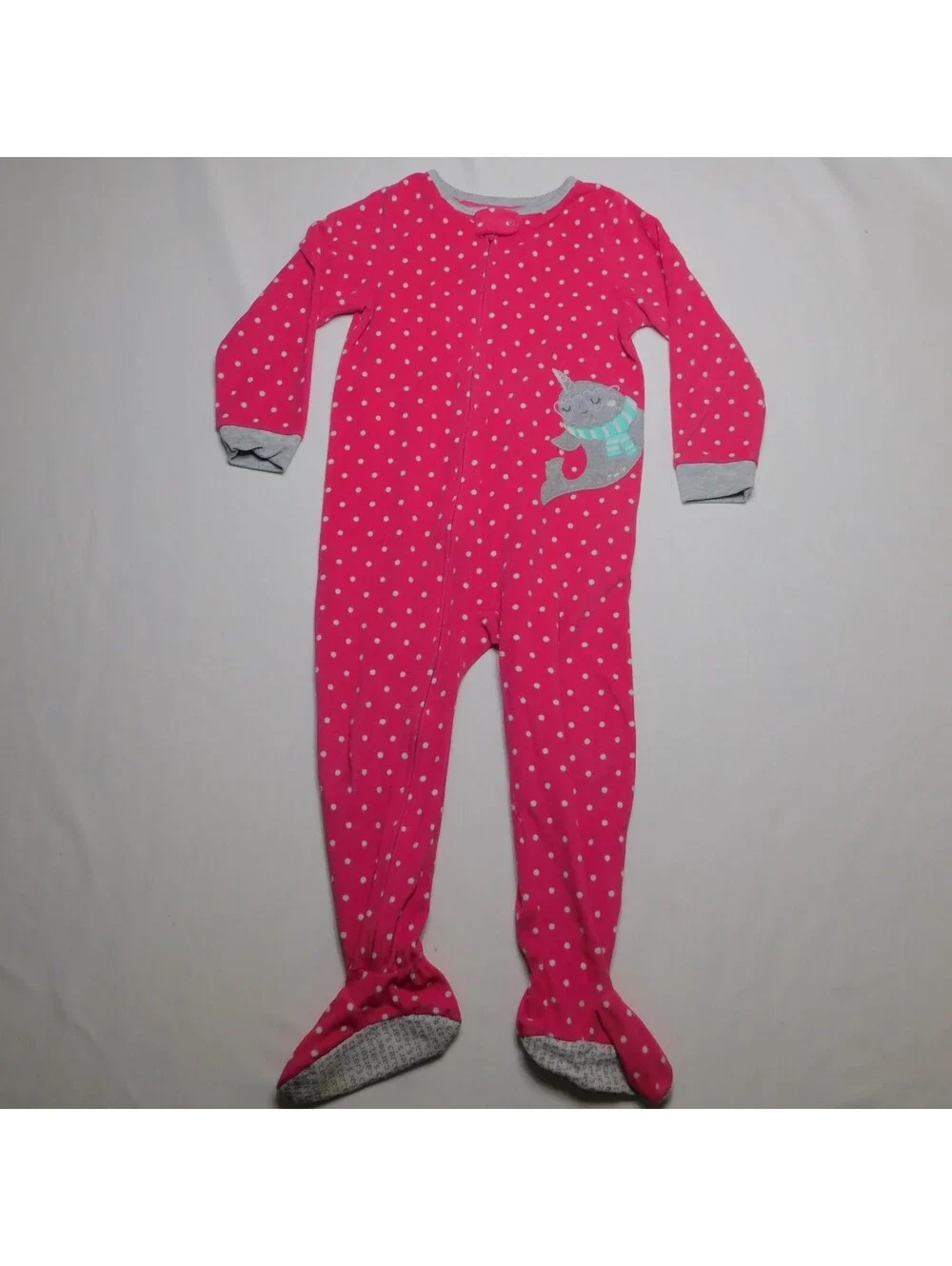 Carter's Toddler Girls Fleece Footed Pajamas 4T Pink Polka Dot Narwhal Jumpsuit